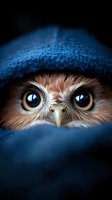 Adorable owl peeking through blue knitted scarf with large golden eyes on dark background for cozy winter wildlife concept.
