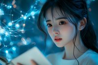 Young Asian woman reading book in magical blue light with glowing bokeh effects and ethereal atmosphere, creating dreamy nighttime scene.
