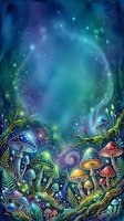 Enchanted forest floor with bioluminescent mushrooms and glowing plants beneath a starry night sky with magical light particles and cosmic energy swirling overhead.