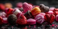 Colorful assortment of fruit-flavored hard candies and heart-shaped sweets on dark background, perfect for Valentine's Day or romantic occasions.
