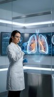 Female doctor in lab coat examines glowing holographic lung model in futuristic medical lab, advancing respiratory research and diagnosis.