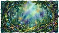 Enchanted forest clearing with ancient twisted trees, glowing magical light rays, and mystical atmosphere, surrounded by lush ferns and woodland vegetation for fantasy art, game design, and illustration projects.