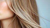 Blonde hair strands in motion against light blue background, showing smooth, silky texture and natural highlights. Close-up view captures flowing movement and shine.