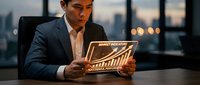 Professional Asian businessman analyzing financial market data on tablet in modern office during evening hours with city skyline background.