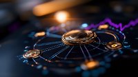 Cryptocurrency coins connected by glowing network lines on dark digital background, representing blockchain technology and decentralized finance systems for web and app design.