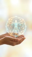 Human hand holding a glowing holographic sphere with a digital human figure, symbolizing health, science, and future medicine concepts.