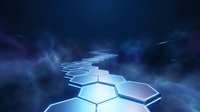 Futuristic hexagonal pathway glowing with blue light extends through dark cosmic space with purple nebula clouds creating sci-fi digital landscape scene.