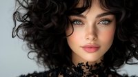 Young woman with curly dark hair and bright blue eyes wearing black lace top against light background, beauty portrait with natural makeup and pink lips.