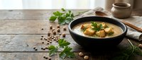 Homemade soup with dumplings served in black bowl on rustic wooden table with fresh herbs and spices for cozy comfort food dining experience.
