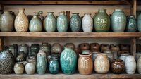 Collection of handcrafted ceramic pottery vases and jars in muted earth tones and turquoise glazes displayed on rustic wooden shelves, showing artisanal craftsmanship.