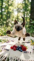 Siamese kitten with blue eyes and dark points sitting on white surface surrounded by fresh raspberries, blueberries, and lavender sprigs with blurred green foliage background.