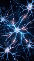 Glowing neural network with interconnected neurons and synapses in blue and pink light against dark background for medical and scientific presentations.