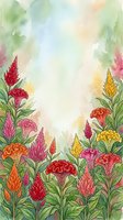 Watercolor garden border with colorful celosia flowers in red, pink, orange and yellow with copy space for text or design.