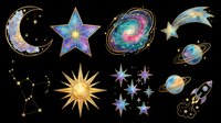 Colorful celestial clipart set with moon, stars, galaxy, planets, rocket, and constellation, isolated on transparent background, ready for stickers, t-shirt design, and print on demand.