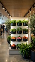 Modern grocery store produce display with fresh vegetables and herbs in black containers on white shelving unit with track lighting and shoppers in background.