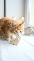 Adorable orange tabby kitten playing with small gift box on white bed in bright bedroom interior for holiday celebrations and pet lifestyle content.