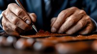 African American hands preparing line of brown powder with razor blade on dark surface, dramatic lighting creates intense atmosphere for conceptual use.