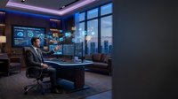Professional businessman analyzing holographic data displays and digital interfaces in modern corporate office with city skyline view at dusk.