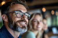 Middle-aged Caucasian businessman with gray beard and glasses smiling confidently in modern office environment with coworkers in background, warm lighting creates welcoming atmosphere.