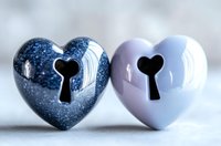 Two decorative heart-shaped objects with keyhole designs, one in sparkly dark blue and one in soft pastel pink, symbolizing romance and connection on light background.