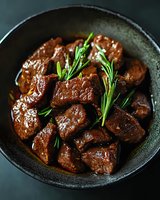 Juicy beef stew chunks garnished with fresh rosemary sprigs in cast iron pan, rich brown sauce coating tender meat pieces photographed in dark moody style.