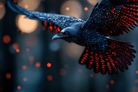 Majestic black raven with spread wings flying against dark background with glowing orange bokeh lights, dramatic nature photography for mystical designs.