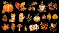 Autumn harvest collection with pumpkin, fall leaves, acorns, fox, pinecone, teacup, wheat, mushroom, lantern, open book, and berries isolated on transparent background. Ready for t-shirts, stickers, clipart, sublimation, and print-on-demand designs.