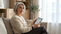 Mature Caucasian woman with gray hair using tablet computer while sitting on beige sofa in bright modern living room for digital lifestyle content.