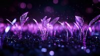 Glowing purple digital wheat stalks against dark background with bokeh lights and sparkles creating magical nighttime agricultural landscape.