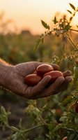 Weathered hands holding fresh ripe tomatoes at golden hour in organic vegetable garden during harvest season showcasing sustainable farming and homegrown produce.