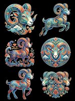 Ornamental ram and goat illustrations with intricate swirling patterns, decorative flourishes, and vibrant teal, orange, and gold details. Isolated on transparent background, ready for t-shirt design, clipart, stickers, sublimation, and print-on-demand projects.