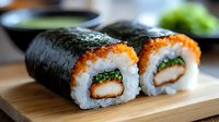 Fresh sushi rolls with salmon and nori seaweed on wooden cutting board, Japanese cuisine for restaurant menus and food delivery services.