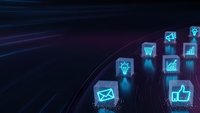 Digital marketing icons floating in futuristic cyber space with neon blue glow and data streams for business technology and social media campaigns.
