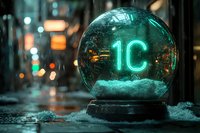 Glowing neon cryptocurrency symbol inside crystal ball with snow and city lights bokeh background creates magical winter financial prediction atmosphere.