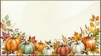 Watercolor autumn border with pumpkins, colorful fall leaves, acorns, and berries on a light background with copy space.