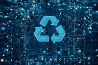 Glowing recycling symbol on digital circuit background representing sustainable technology and electronic waste management.