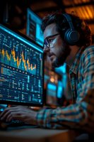 Caucasian male trader in glasses and headphones analyzing financial market data on multiple screens in dark room with dramatic blue lighting.