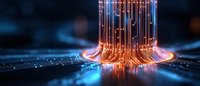 Glowing fiber optic cables forming a cylindrical column with orange and blue light streams on dark background, representing digital data transfer technology.