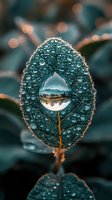 Crystal clear water drop on green leaf reflects mountain landscape with lake, surrounded by morning dew drops in magical macro photography composition.