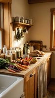 Rustic farmhouse kitchen counter with fresh organic vegetables, homemade bread, glass jars and dried herbs in warm natural sunlight for cooking content.