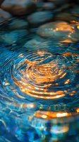 Mesmerizing water ripples with golden sunlight reflections creating circular patterns on blue water surface, abstract nature background for meditation and wellness.