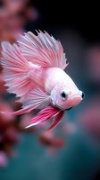 White and pink betta fish with flowing fins swimming in blurred aquatic environment, suitable for aquarium and pet care designs.