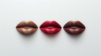 Three sensual lips in different shades - nude brown, bright red, and deep brown - arranged in row on light background, isolated makeup beauty concept.