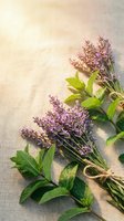 Fresh lavender and mint herb bouquet tied with twine on linen fabric, bathed in warm sunlight for wellness and aromatherapy concepts.