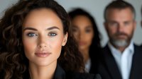 Young professional woman with curly dark hair and natural makeup leads diverse business team, expressing confidence and leadership in corporate setting.