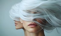 Young woman with flowing white hair against blue background, dramatic side profile view showing lips and windswept platinum strands covering eyes.