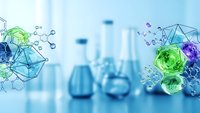 Abstract molecular structures with geometric shapes and spheres in laboratory setting for scientific research and biotechnology applications.