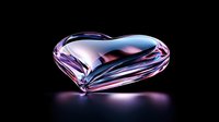 Glossy transparent heart shape with pink and blue iridescent reflections floating on dark background with soft glow underneath, romantic symbol for love designs.