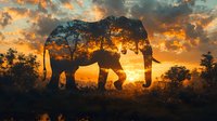 Majestic elephant silhouette against vibrant orange sunset sky with dramatic clouds, creating double exposure effect with African savanna landscape and acacia trees.