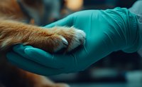 Veterinarian in protective gloves gently holding cat paw during medical examination at animal clinic. Close-up view showing care and trust in pet healthcare.